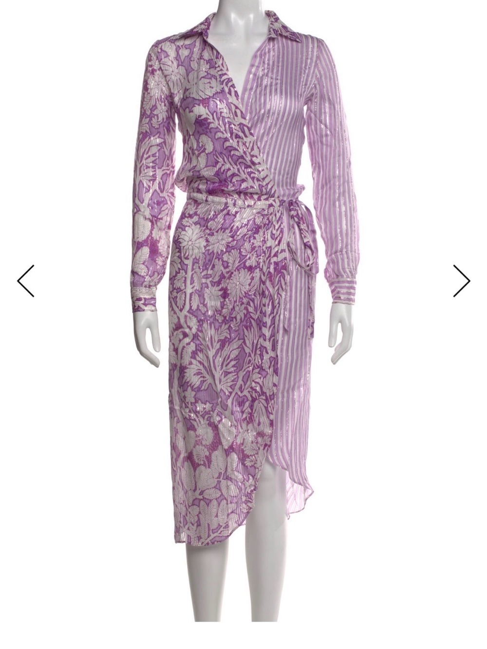 Lavender Mixed-Print Wrap Midi Dress with Tie Waist